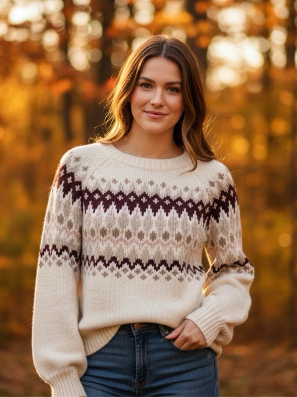 🍂 Abercrombie & Fitch Crewneck Sweater~Women’s Sz Sm~Cream w/ Fair Isle Pattern - Picture 2 of 11